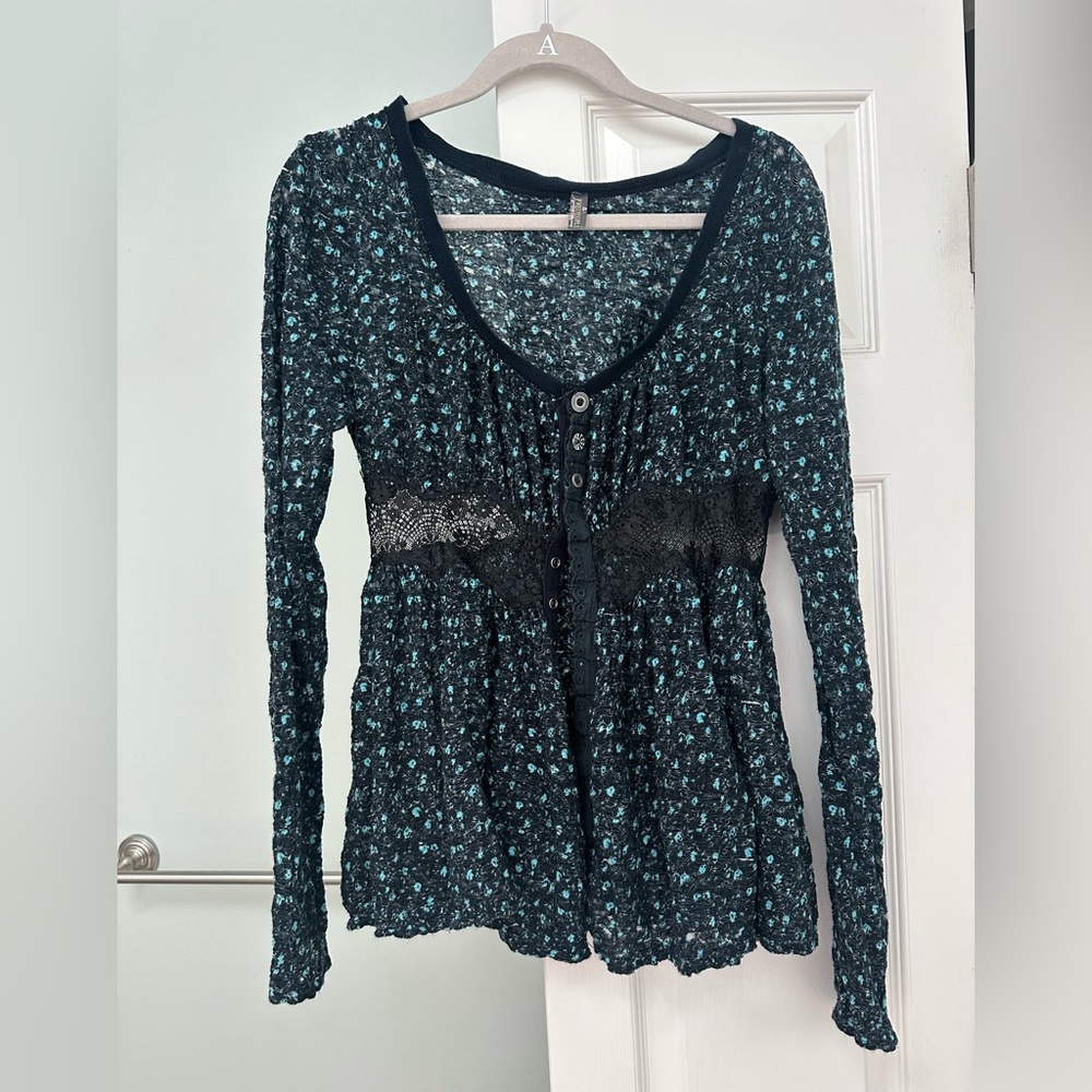 Free People Snap Button Down Long Sleeve Mesh-like Top